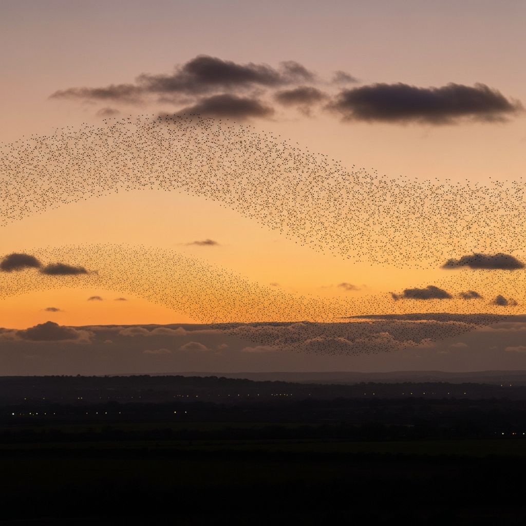 A vast starling murmuration sweeping across a warm dusk sky