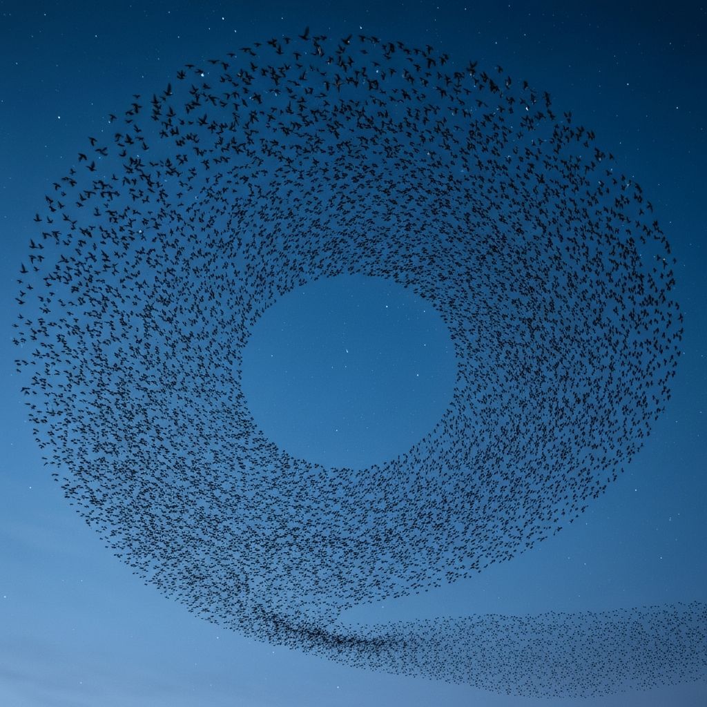 A murmuration of starlings forming a spiral over calm water at twilight