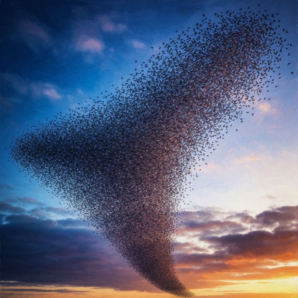 A murmuration viewed from below, birds forming a swirling organic cloud against a pale warm sky