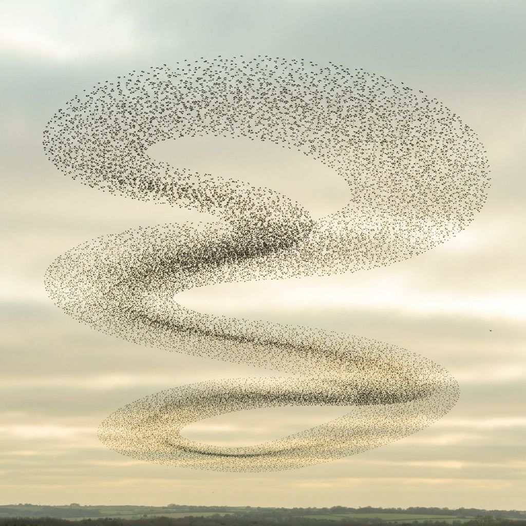 Starlings forming an intricate swirling pattern against a soft sky
